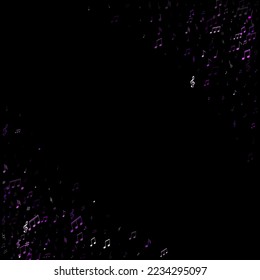Music notes, treble clef, flat and sharp symbols flying vector illustration. Notation melody record classic pictograms. Creative music studio background. Purple violet sound recording notes.