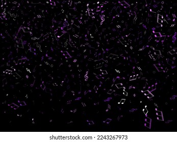 Music notes, treble clef, flat and sharp symbols flying vector illustration. Notation melody record classic pictograms. Piano instrument tune background. Violet melody sound notes.