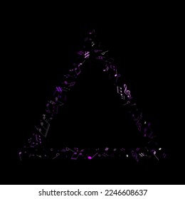 Music notes, treble clef, flat and sharp symbols flying vector illustration. Notation melody record classic icons. Rock music studio background. Purple violet melody sound notation.