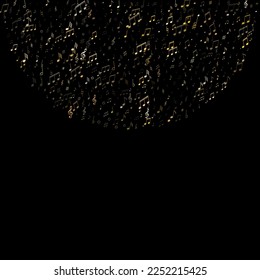 Music notes, treble clef, flat and sharp symbols flying vector background. Notation melody record clip art. Rock music studio background. Gold metallic musical notation.