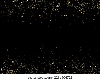 Music notes, treble clef, flat and sharp symbols flying vector design. Notation melody record elements. Disco music studio background. Gold metallic melody sound notes signs.