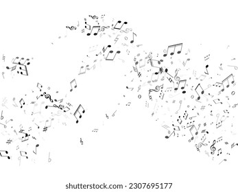 Music notes, treble clef, flat and sharp symbols flying vector design. Notation melody record classic pictograms. Retro music studio background. Grey scale sound recording notes.