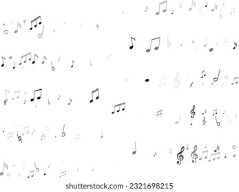 Music notes, treble clef, flat and sharp symbols flying vector background. Notation melody record signs. Piano instrument tune background. Monochrome melody sound notation.
