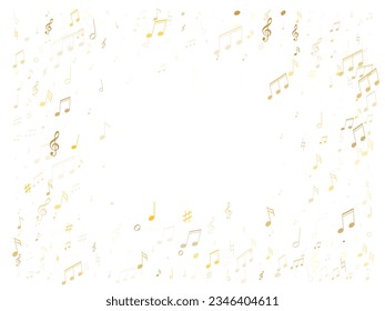Music notes, treble clef, flat and sharp symbols flying vector illustration. Notation melody record elements. DJ instrument tune background. Gold metallic melody sound notes.