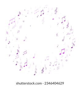 Music notes, treble clef, flat and sharp symbols flying vector illustration. Notation melody record classic pictograms. Retro music studio background. Blue violet melody sound notes signs.