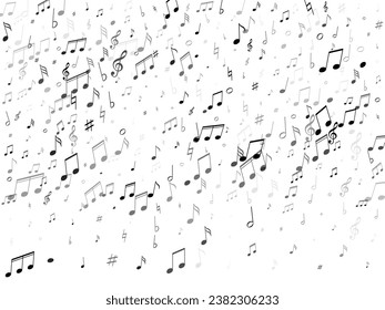 Music notes, treble clef, flat and sharp symbols flying vector illustration. Notation melody record classic signs. Abstract music studio background. Black on white musical notation.