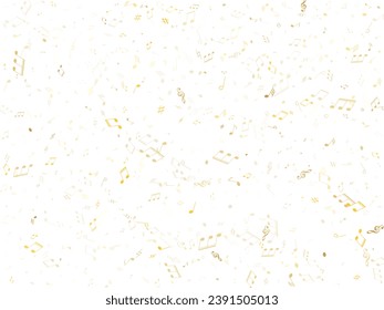 Music notes, treble clef, flat and sharp symbols flying vector design. Notation melody record clip art. Piano instrument tune background. Gold sound recording notes.