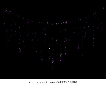 Music notes, treble clef, flat and sharp symbols flying vector background. Notation melody record pictograms. Funky music studio background. Violet melody sound notation.