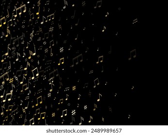 Music notes, treble clef, flat and sharp symbols flying vector design. Notation melody record classic clip art. Tune composition background. Gold sound recording notes.