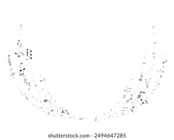 Music notes, treble clef, flat and sharp symbols flying vector illustration. Notation melody record silhouettes. Funky music studio background. Greyscale musical notation.