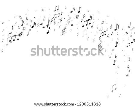 Music notes, treble clef, flat and sharp symbols flying vector background. Notation melody record clip art. Jazz music studio background. Black on white sound recording notes.