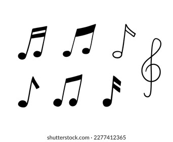 Notas musicales e iconos de colores tribles. Ilustración del contorno del vector aislada en fondo blanco