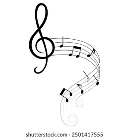 Music notes and treble clef, key, isolated musical element, vector illustration.