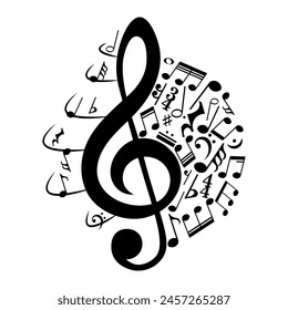 Music notes, treble clef with musical symbols and lines, vector illustration.