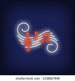 Music notes and treble clef neon sign. Classical music, concert or advertisement design. Night bright neon sign, colorful billboard, light banner. Vector illustration in neon style.