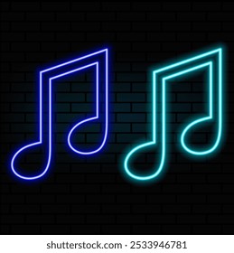Notas de música e sinais de néon agudo clave definidos. Melodia, música clássica, design de som. Sinal de néon brilhante noturno, outdoor colorido, faixa clara. Ilustração vetorial em estilo neon..azul.