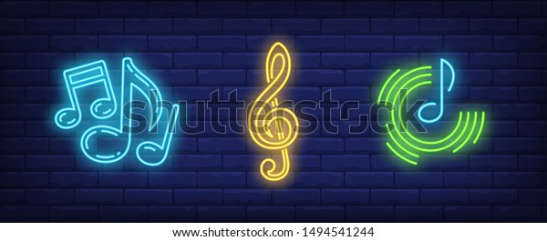 音楽の音符と高音の消音記号セット メロディ クラシック音楽 サウンドデザイン 夜の明るいネオンサイン カラフルな看板 明るいバナー ネオン調のベクターイラスト のベクター画像素材 ロイヤリティフリー