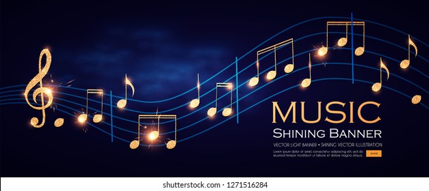 Music Notes and Treble Clef on Swirling Stave. Elegant Gold Design Elemant. Vector illustration