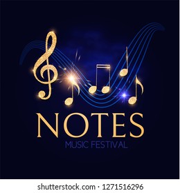 Music Notes and Treble Clef on Stave. Elegant Gold Design Elemant. Vector illustration