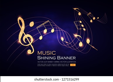 Music Notes and Treble Clef on Swirling Stave. Elegant Gold Design Elemant. Vector illustration