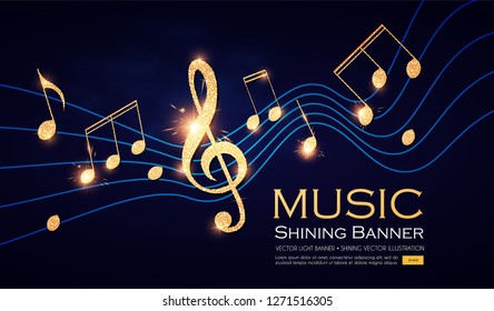 Music Notes and Treble Clef on Swirling Stave. Elegant Gold Design Elemant. Vector illustration