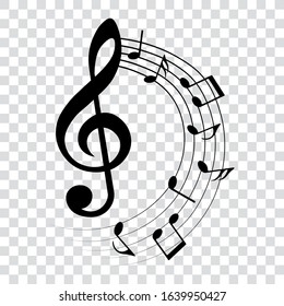 Music notes and treble clef, rounded musical design element, vector illustration.