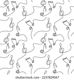 Music notes and treble clef vector seamless pattern. Abstract outline backdrop illustration. Wallpaper, graphic background, fabric, textile, print, wrapping paper or package design. Musical concept.