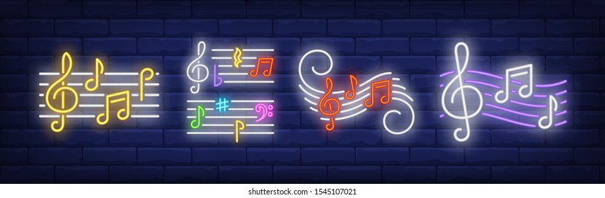 Music notes, treble clefs and stave neon signs set. Melody, classical music, sound design. Night bright neon sign, colorful billboard, light banner. Vector illustration in neon style.