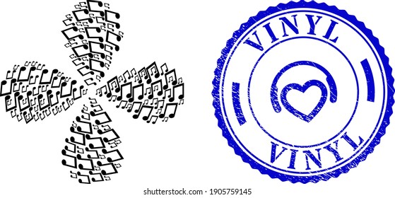 Music notes twirl abstract flower, and blue round VINYL scratched rubber print with icon inside. Element flower combined from oriented music notes symbols. Vector flower collage in flat style.