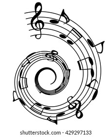 music notes twisted into a spiral, on a white background, vector