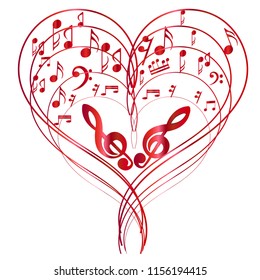 music notes vector in heart. red color 