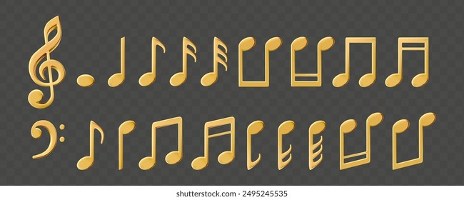 Music notes vector icon set. Golden metallic melody illustration for singing song or playing instrument. Sound listening concept. Musical concert illustration in 3d cartoon shiny render on dark