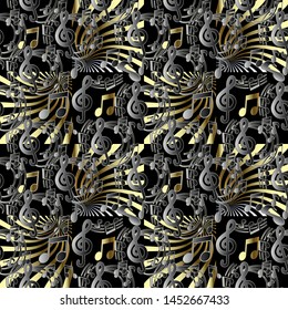 Music notes  vector seamless pattern. Musical symbols and signs background. Modern repeat treble clefs and notes backdrop. Ornate geometric design. Abstract trendy ornament with gold radial shapes.
