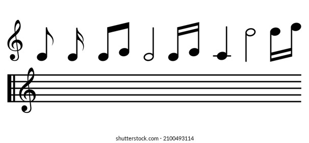 Juego de símbolos vectoriales de notas de música. Lluvia de trébol negro, nota, afilado, barra, stave. 
