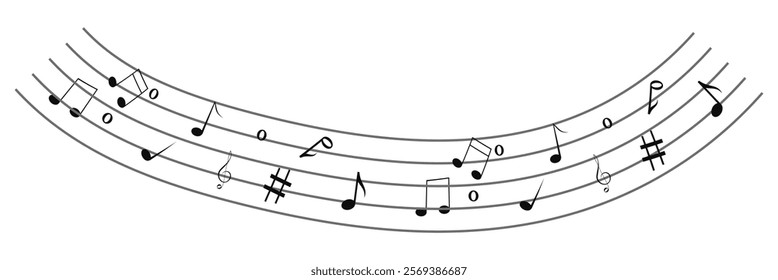 Music notes vector. Wave of music melody notes with clef. Musical stave line pattern symbols icon, vector. Music notes background, Music notes wave icon. Eps 10.