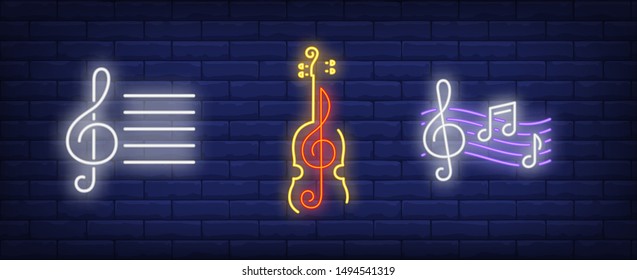 Music notes, violin silhouette and treble clefs neon signs set. Melody, classical music, sound design. Night bright neon sign, colorful billboard, light banner. Vector illustration in neon style.