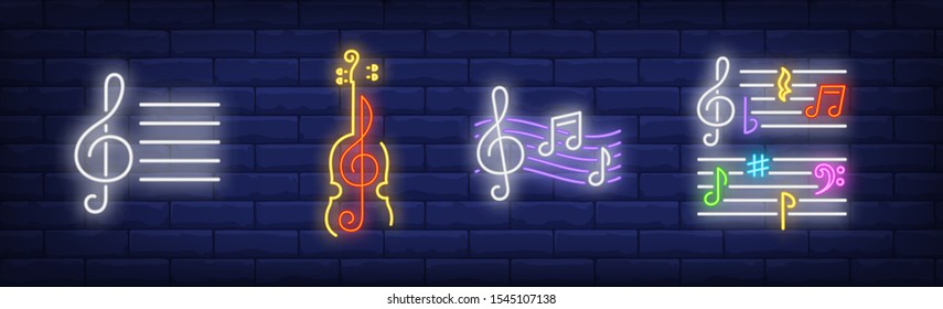 Music notes, violin silhouette and treble clefs neon signs set. Melody, classical music, sound design. Night bright neon sign, colorful billboard, light banner. Vector illustration in neon style.