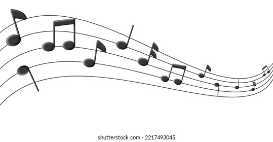 Music notes wave with 3d volume black notes, isolated