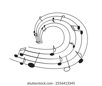 Music notes wave. Music composition and production. Melodies and songs. Poster or banner. Hobby and leisure. Half and eighth notes. Flat vector illustration isolated on white background