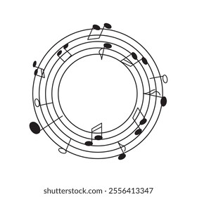 Music notes wave. Music composition and production. Melodies and songs. Brochure and booklet. Round with half and eighth notes. Flat vector illustration isolated on white background