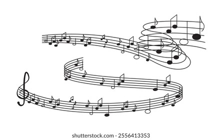 Music notes wave. Music composition and production. Melodies and songs. Creativity and art. Hobby and leisure. Graphic element for website. Flat vector illustration isolated on white background