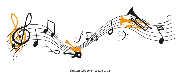 Music notes wave, group musical notes with a musical instrument – stock vector