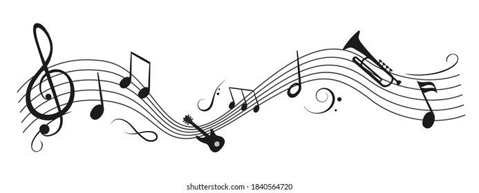 Music notes wave, group musical notes with a musical instrument – vector