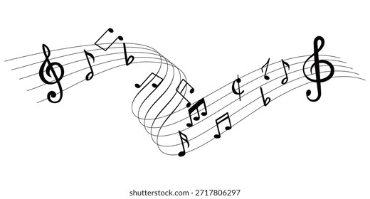 Las notas de la música de onda aislada Vector libre de fondo editable. Vector de ícono de vuelo de notas musicales. Notas de música, canción, melodía, sonido de música, onda de música. Ilustración vectorial.
