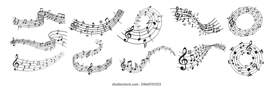 Music notes wave isolated, group musical notes background. Musical notes melody on transparent background