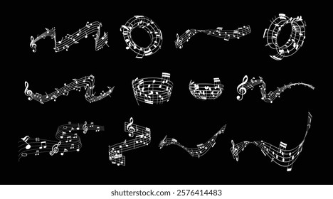 Music notes wave isolated, group musical notes background. Musical notes melody on transparent background