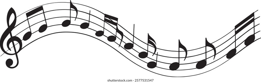 Music notes wave isolated, group musical notes