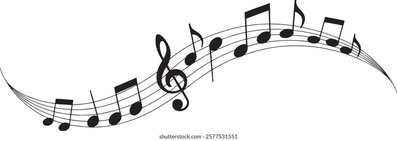 Music notes wave isolated, group musical notes