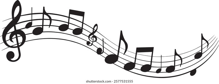 Music notes wave isolated, group musical notes