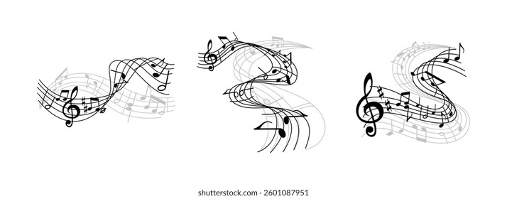 Music notes wave isolated on black colour